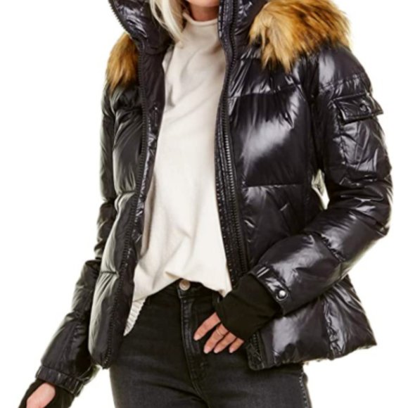 S13 Allie Women's Faux Fur Trimmed Down Puffer Hooded Jacket Jet Natural Medium - Picture 1 of 6